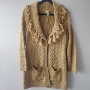 Chico's Tan Cardigan With Gold Shimmer Fringe Shawl Neckline  Wool Blend Sz 2